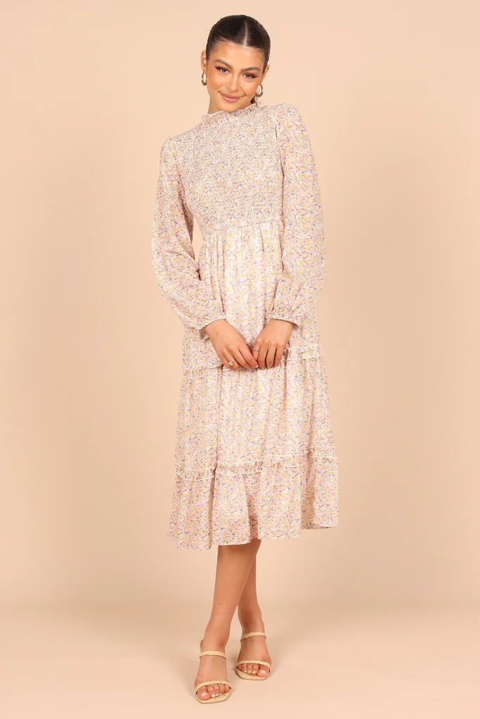 Edwina Shirred Frill Long Sleeve Midi Dress - Rose Floral | Petal & Pup (US)