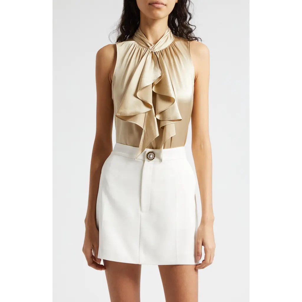 Cinq à Sept Keoni Ruffle Detail Sleeveless Silk Top in Khaki at Nordstrom Rack, Size X-Small | Nordstrom Rack
