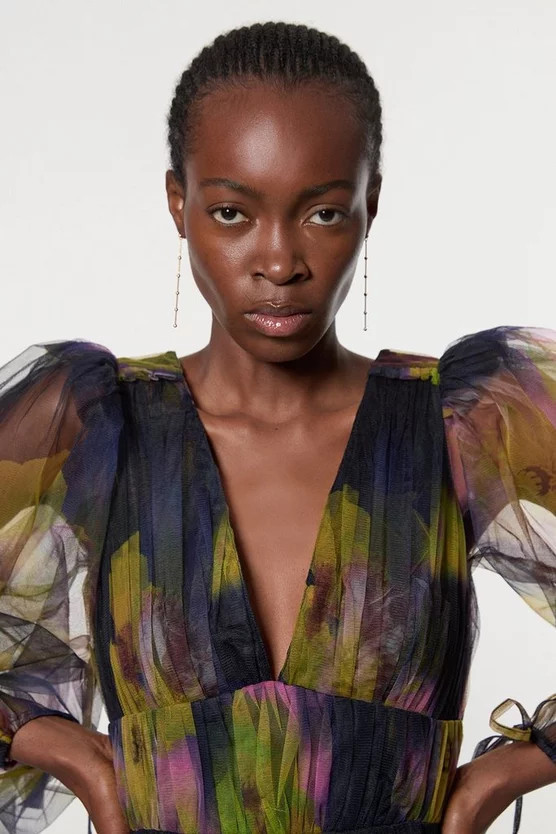 Floral Tulle Plunge Woven Mini Dress | Karen Millen | Karen Millen UK + IE + DE + NL