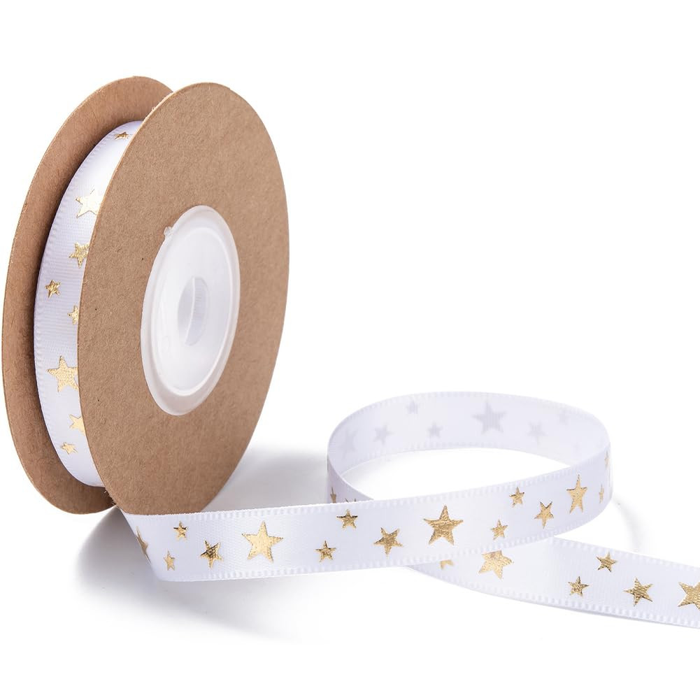 3 Rolls 30 Yards 3/8 Inch Star Print Ribbon White Gold Stars Christmas Ribbon Polyester Pentagram... | Amazon (US)