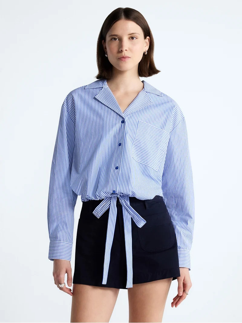 Free Assembly Women's and Women's Plus Cotton Poplin Tie Waist Shirt with Long Sleeves, Sizes XS-... | Walmart (US)