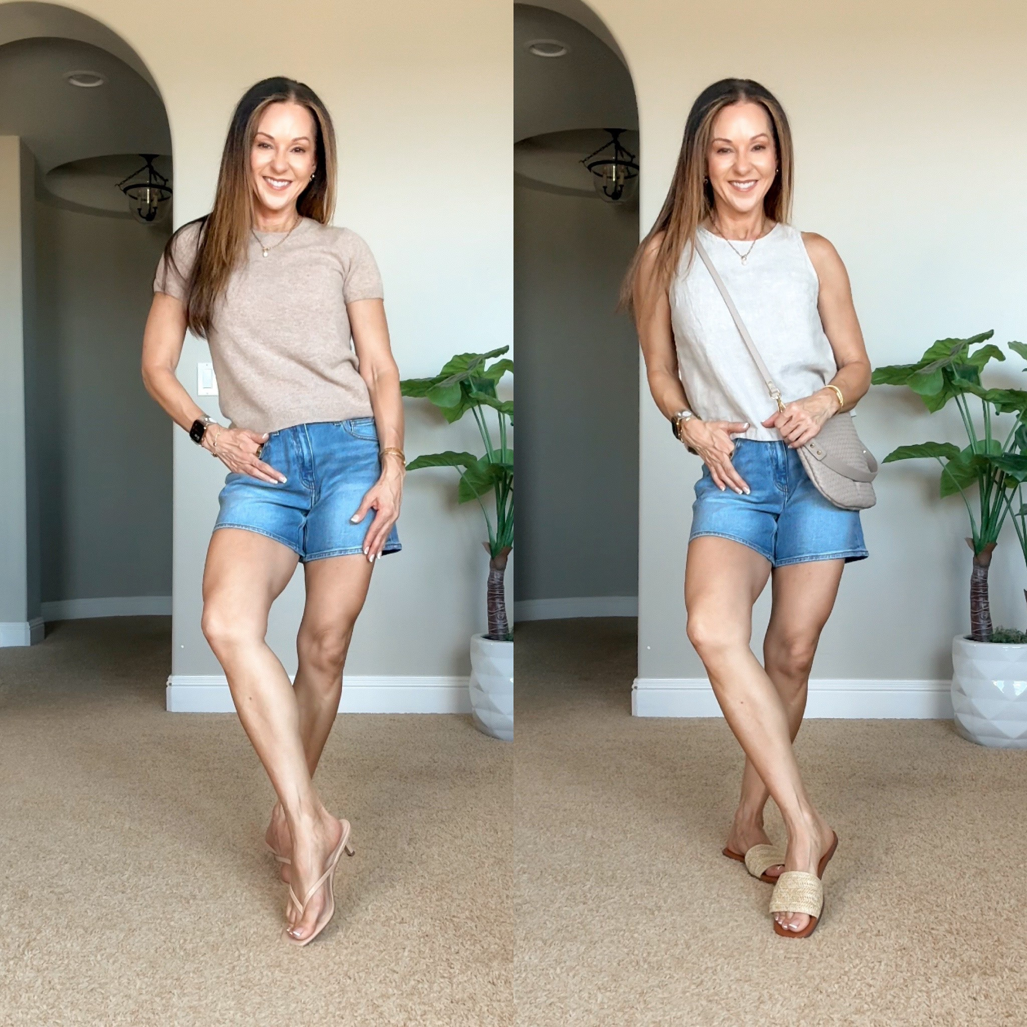 @Quince  summer faves!  
Denim shorts in Atlantic Blue - size up if in-between sizes. 
Cropped tank in color flax
Leather woven crossbody in taupe
All size XS, runs TTS. 
For ref: I’m 5’1”, 107lbs