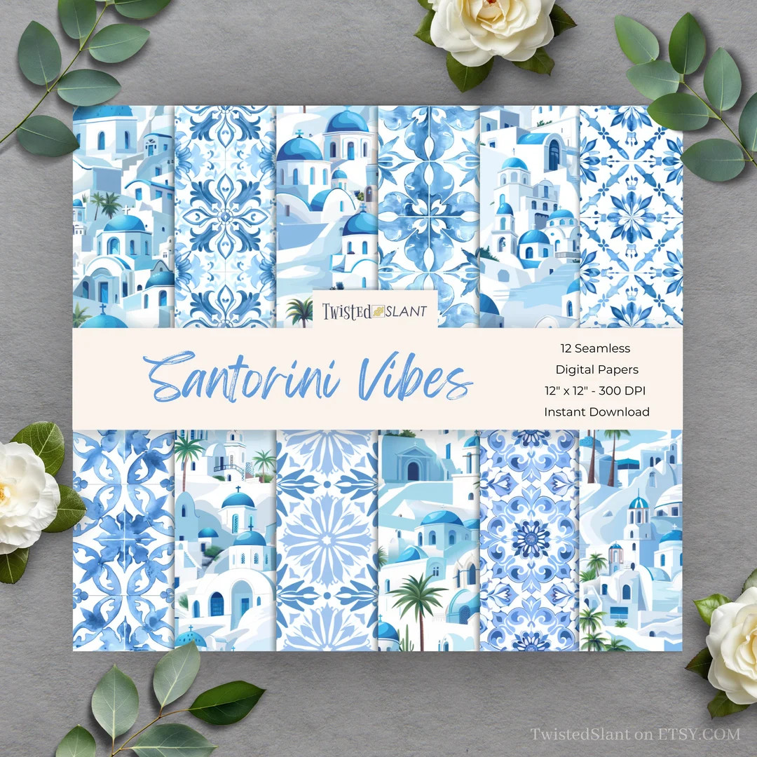 Digital Paper Santorini | INSTANT DOWNLOAD | Mediterranean Art | Blue and White Tile | Seamless P... | Etsy (US)