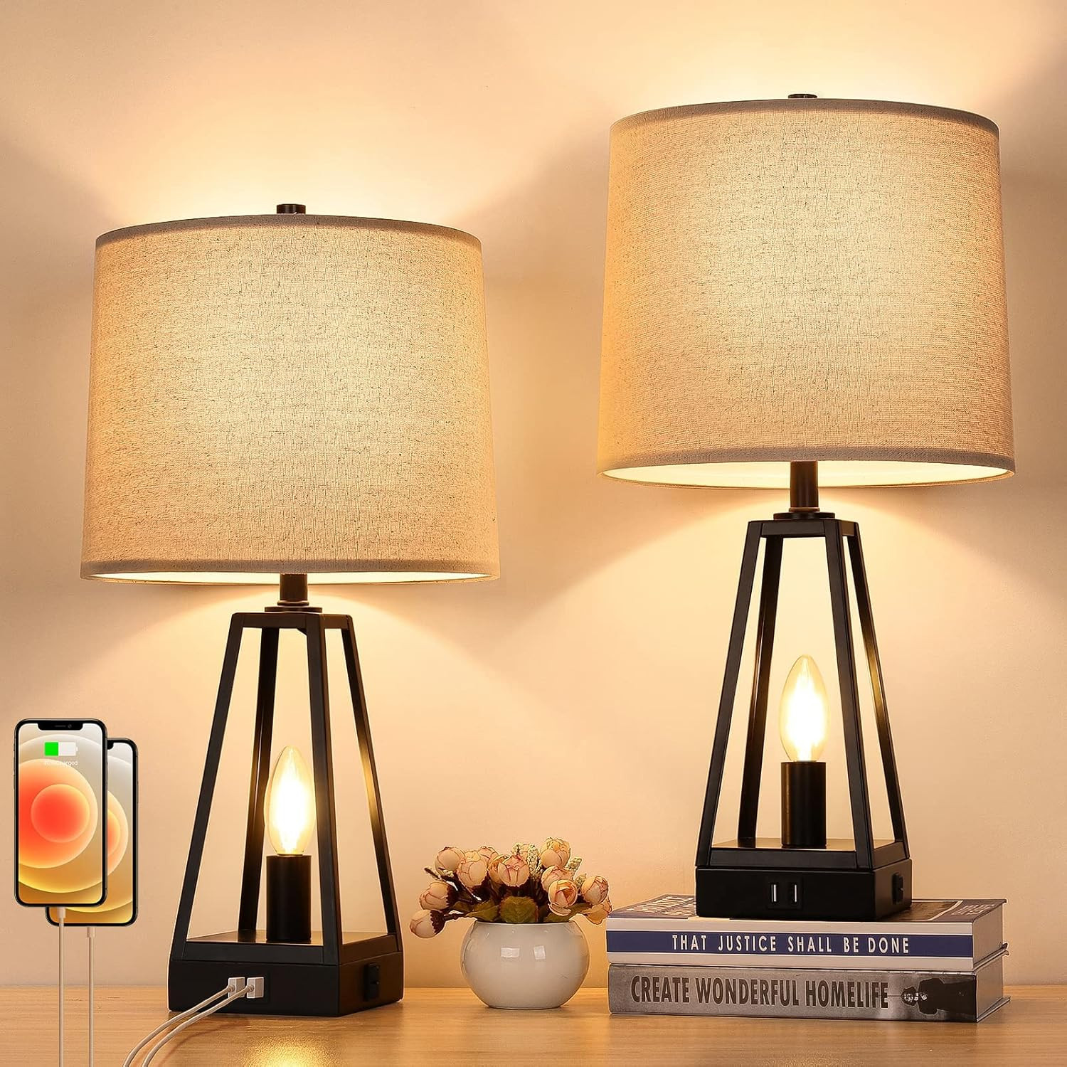 Set of 2 Table Lamps with USB Ports, 2 Light Modern Nightstand Lamp Sets Bedside Farmhouse Lamp w... | Amazon (US)