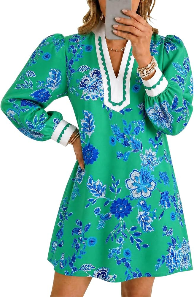 Wenrine Womens Long Sleeve Mini Dress Casual Floral Boho Beach Dresses | Amazon (US)