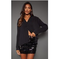 Black Plisse V Neck Shirt | PrettyLittleThing CAN