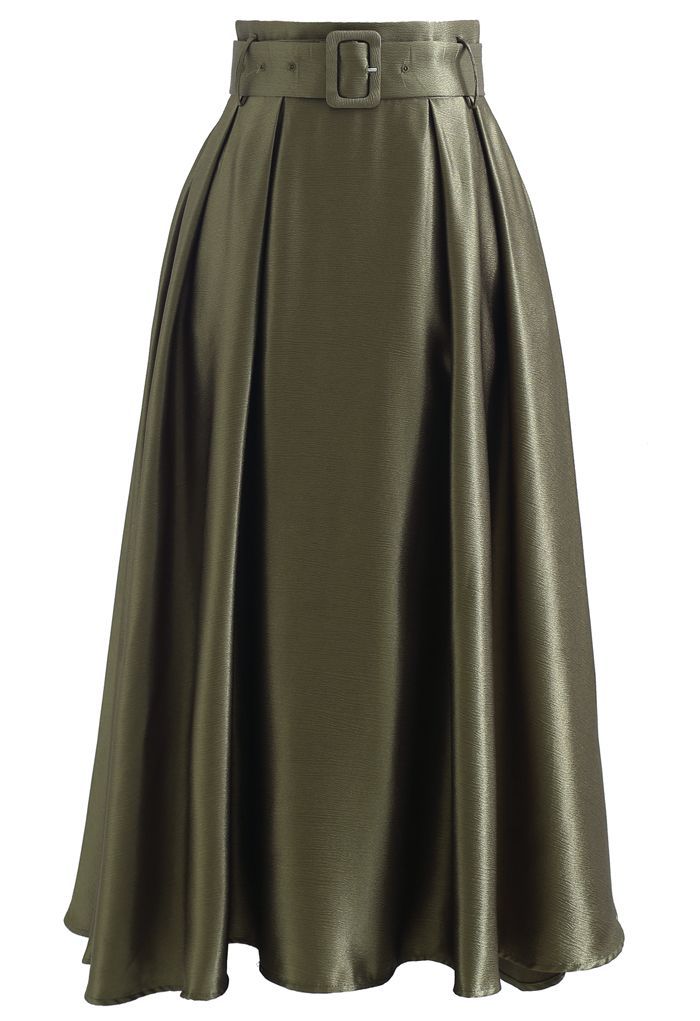 Belted Texture Flare Maxi Skirt in Moss Green | Chicwish