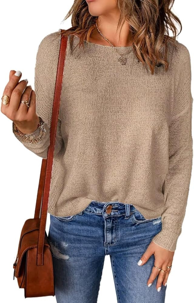 Acelitt Womens Casual Lightweight Crewneck Long Sleeve Drop Shoulder Knit Shirts Tops, S-XXL | Amazon (US)
