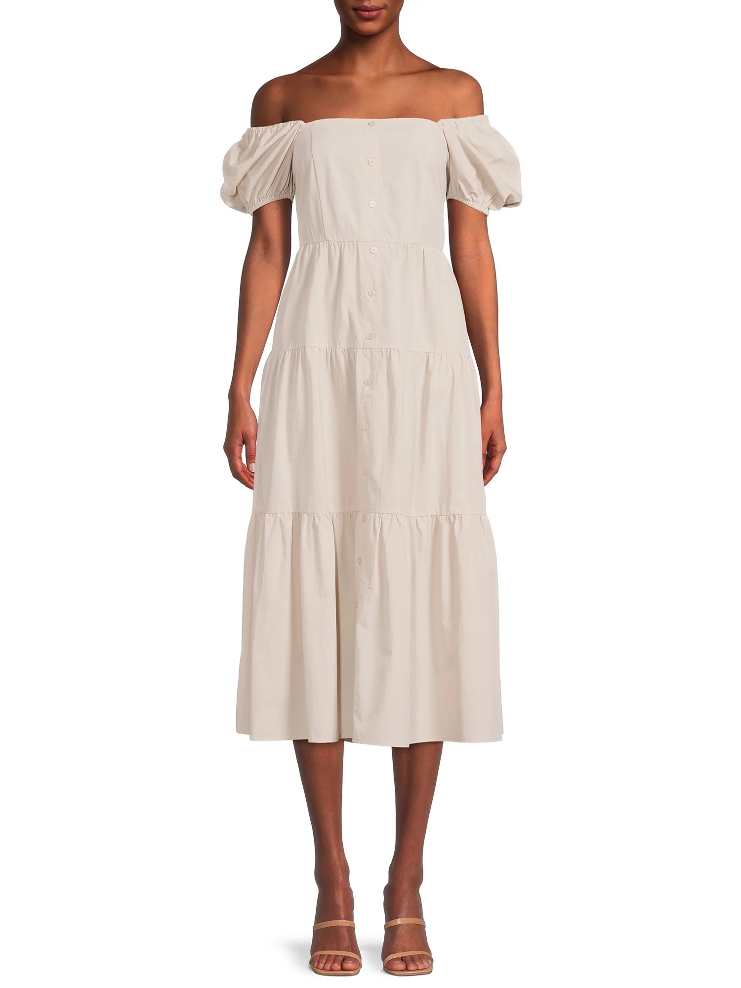 Time and Tru Women's Button Front Short Sleeve off Shoulder Dress | Walmart (US)