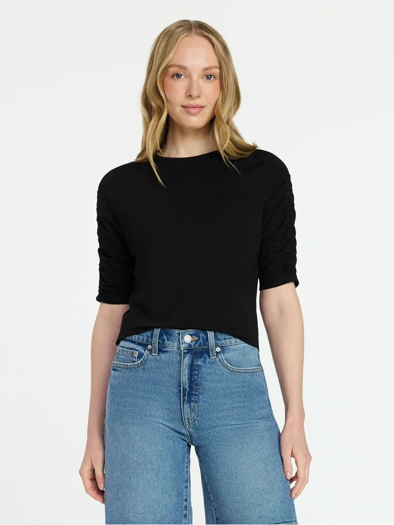 Time and Tru Women's Ruched Elbow Sleeve Tee, Sizes XS-XXXL | Walmart (US)