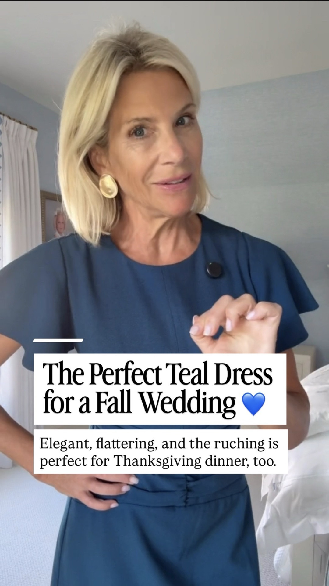 This gorgeous teal dress is perfect for a fall wedding or Thanksgiving dinner! I love the sleeves and the ruching, it’s flattering, forgiving, and gives you a little room when you’ve had just one more helping of turkey. 😉

👩‍💻 LTK PRO TIPS
❤️ Heart = Support my posts ;-)
🔖 Save = Get sale & restock alerts for the things you love!
📋 Lists = Keep favorites organized (List ideas: Christmas, Birthdays, and Vacations!)
📲 Share = Send lists and products to a friend (or your daughters like me).
💬 Comment = Ask me anything, and I’ll answer. ;-)