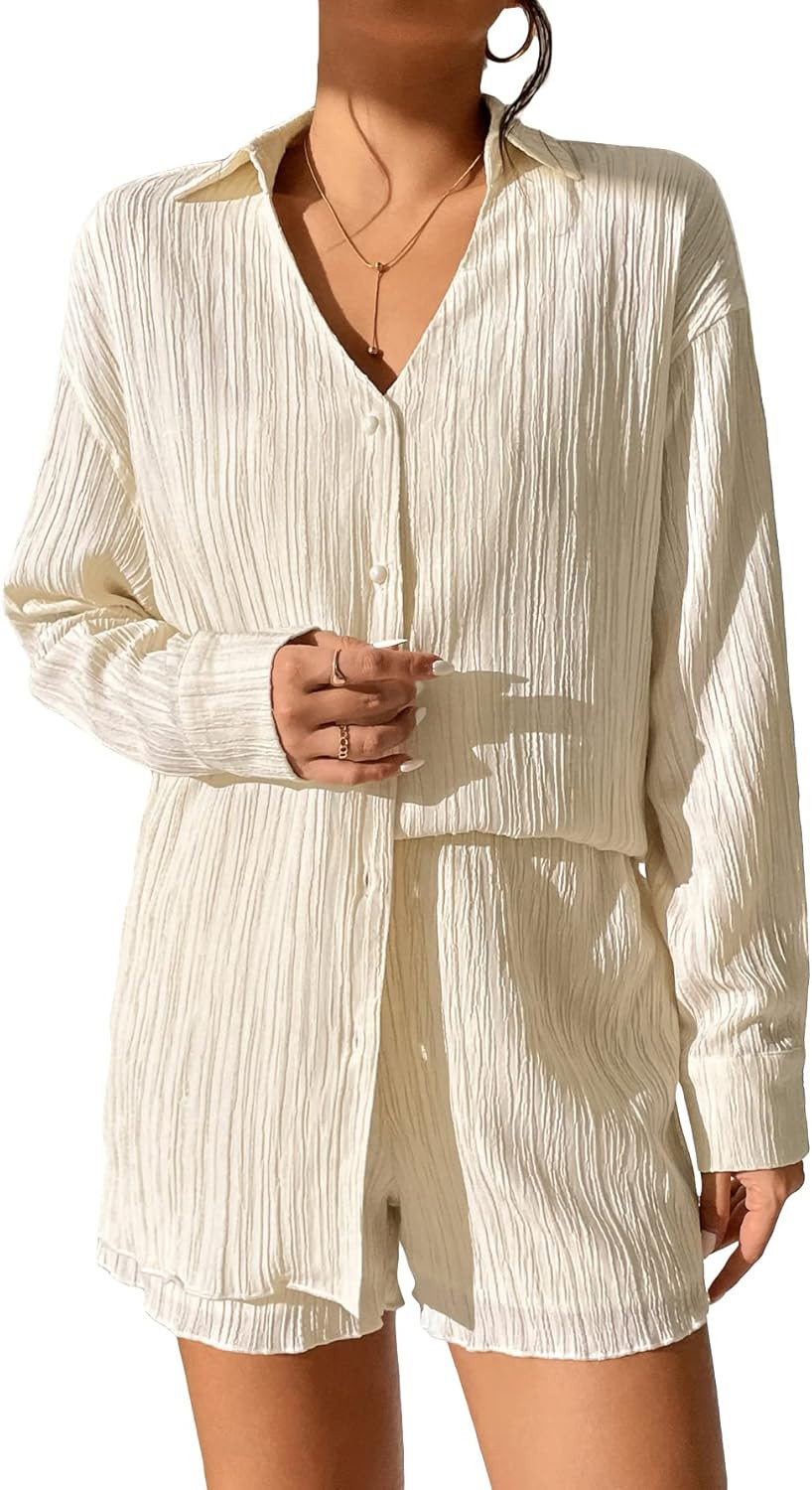 MakeMeChic Women's 2 Piece Outfits Long Sleeve Collar Button Down Shirt and Shorts Set | Amazon (US)