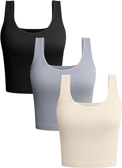 OQQ Women's 3 Piece Tank Tops Ribbed Seamless Workout Exercise Shirts Yoga Sleeveless Crop Tops | Amazon (US)