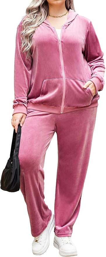 IN'VOLAND Women's Plus Size Velour Tracksuit Long Sleeve Sweatsuit 2 Piece Jogging Outfit Zip Up ... | Amazon (US)