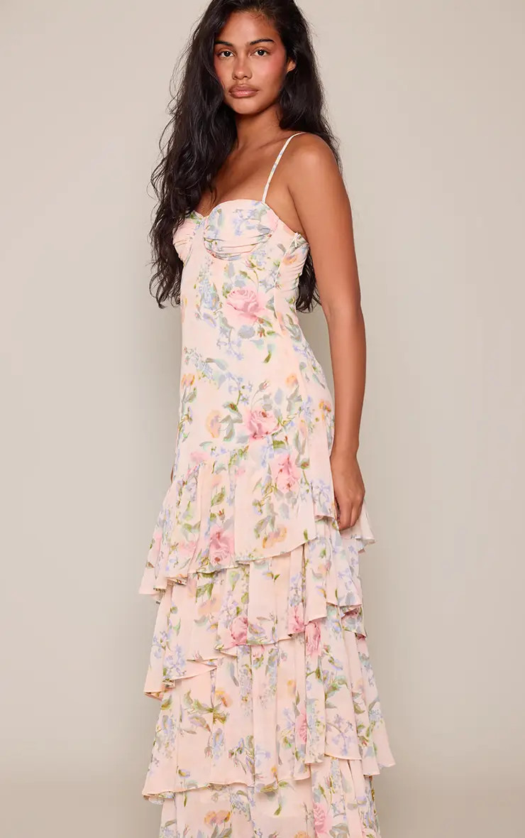 Cream Floral Print Chiffon Frill Hem Maxi Dress | PrettyLittleThing UK