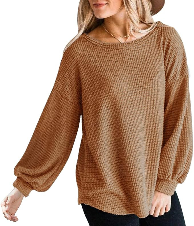 MEROKEETY Womens Long Balloon Sleeve Waffle Knit Tops Crew Neck Oversized Sweater Pullover | Amazon (US)
