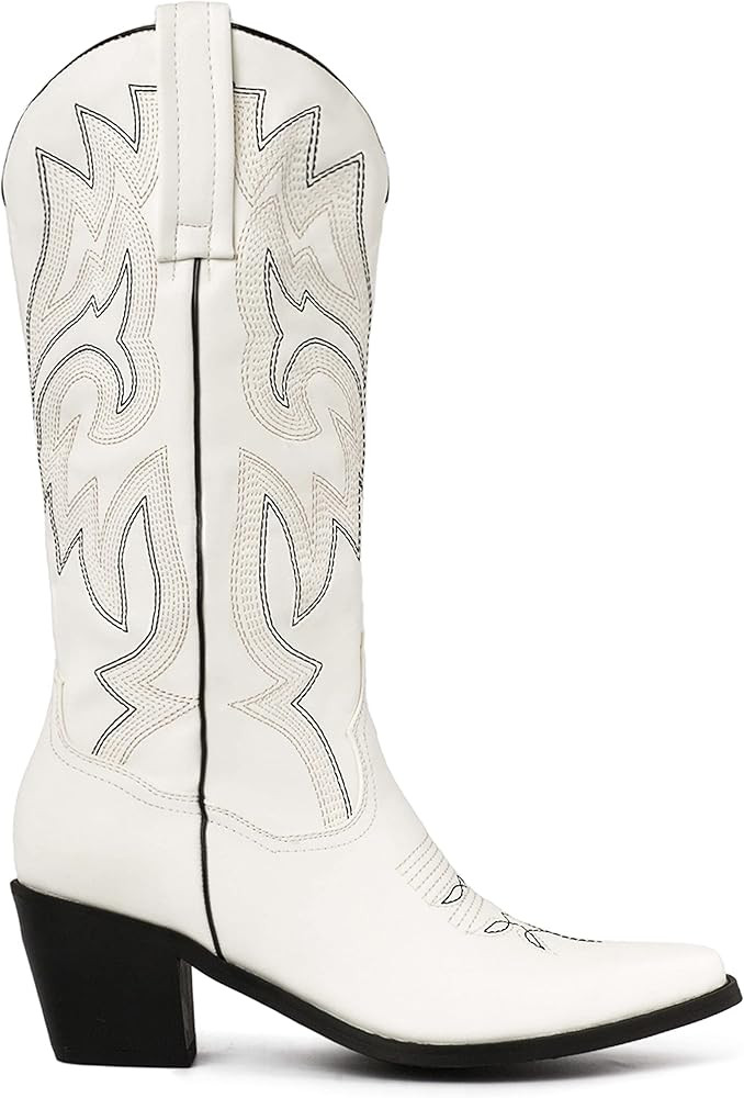 CRYSIGNE Women Vintage Embroidered Mid Calf Cowboy Cowgirl Boots Ladies Snip Toe Pull On Chunky H... | Amazon (US)