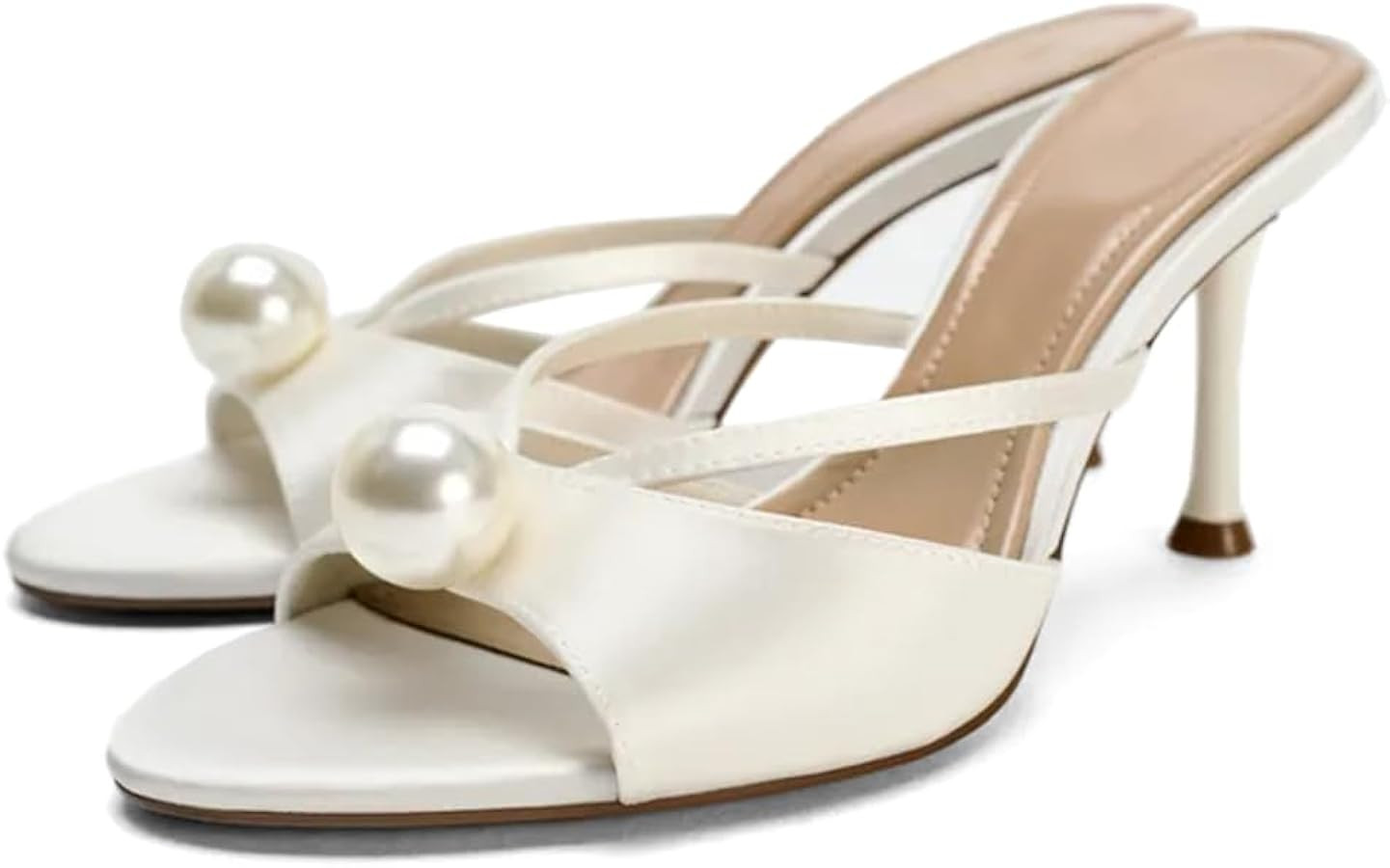 YIYA Women's White Pearl Mules Heels Open Round Toe Stiletto Kitten High Heels Slip on Bridal Wed... | Amazon (US)