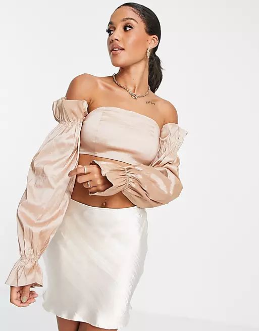 Rare London off shoulder top with taffeta sleeve detail in taupe - part of a set | ASOS (Global)