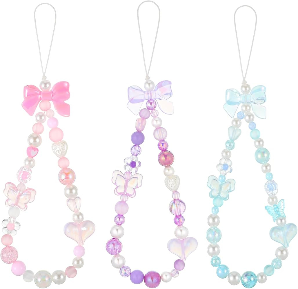 Beaded Phone Charms Strap, 3 Pcs Camera Charm Strap Wristlet Keychain Butterfly Flower Heart Bow Lanyard Chain Cute Lanyard Wrist Straps Cellphone Charm for Phone Case, Wallet (Pink, Purple, Blue) | Amazon (US)