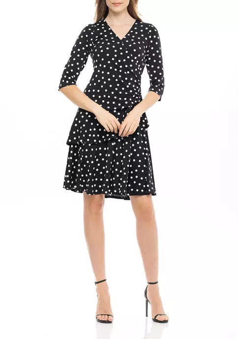 Women's 3/4 Sleeve Dot Print Faux Wrap Dress | Belk