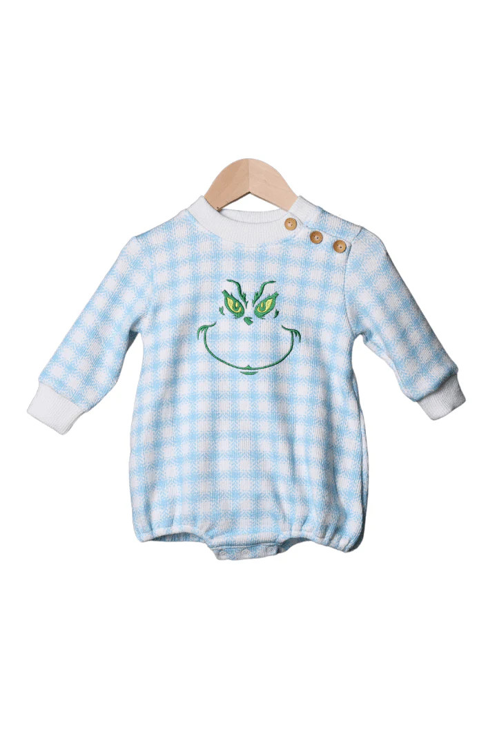 Embroidered Grouch Blue Gingham Cardigan Bubble | The Smocked Flamingo