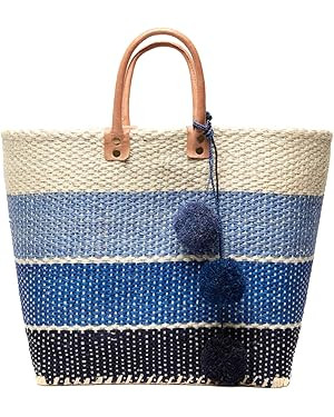 Mar Y Sol Samana Ombre Stripe Sisal Market Tote Straw XL Beach Bag w Pom Pom | Amazon (US)