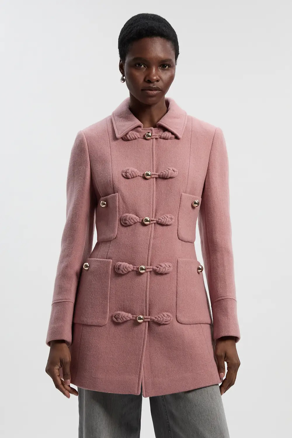 Wool Knot Detail Buckle Front Tailored Midi Coat | Karen Millen