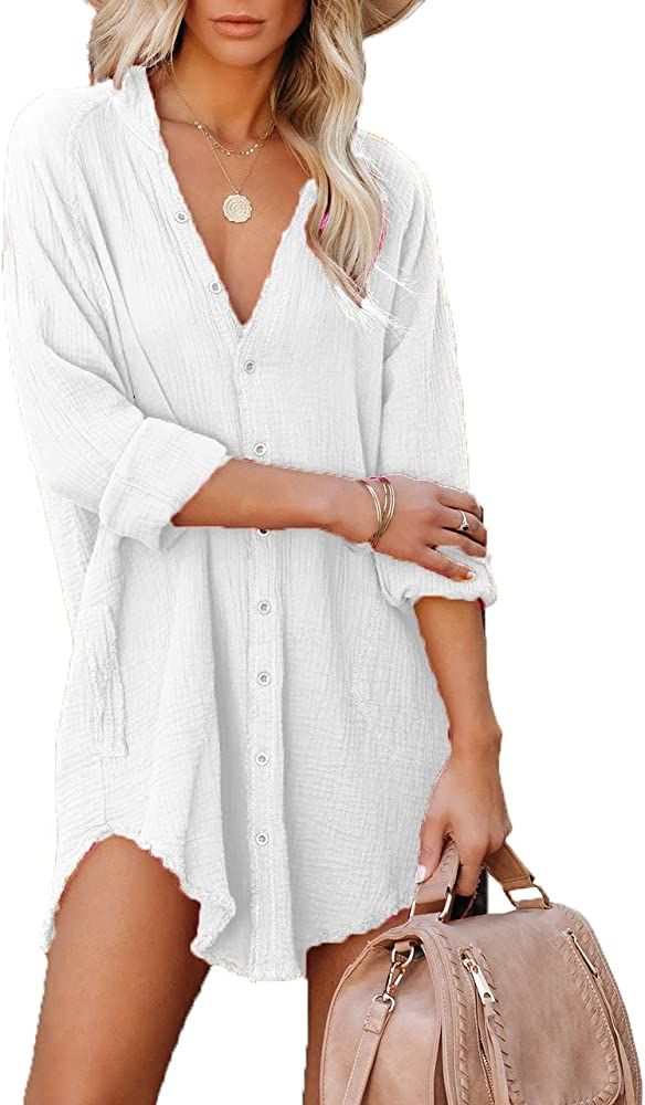 Paintcolors Women's Long Sleeve Cotton Button Down Tunic Dresses Beach Cover-ups Oversized Blouse... | Amazon (US)