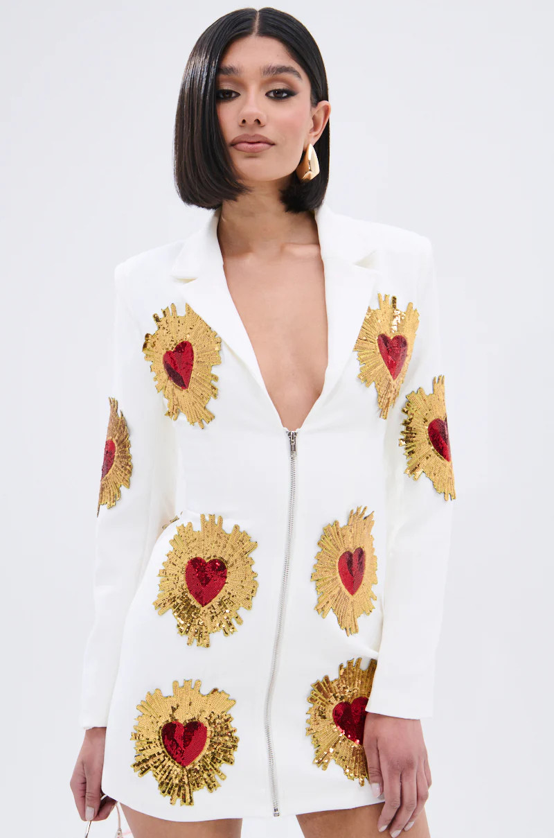 GLISTENING IN GOLD BLAZER DRESS IN WHITE | AKIRA