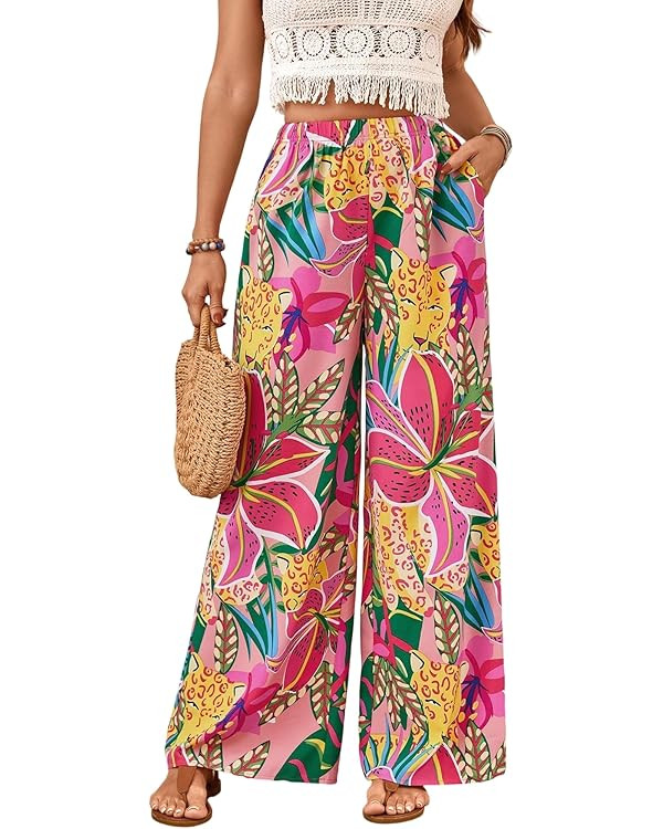 Verdusa Women's Hawaiian Tropical Beach Palazzo Pants Flowy Boho Summer Wide Leg Trousers | Amazon (US)
