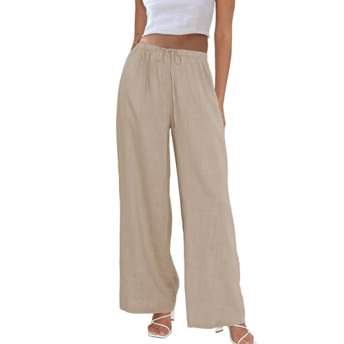 Duyang Womens Cotton Linen Palazzo Pants Drawstring Elastic Waist Casual Wide Leg Trousers with Pockets(Khaki,XL) | Amazon (US)