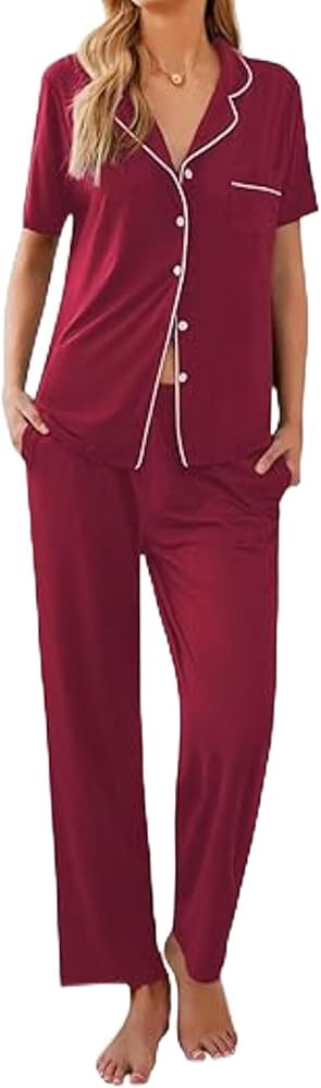 Ekouaer Women Pajamas Set Button Down Sleepwear Short Sleeve Nightwear with Long Pants Soft Pjs S... | Amazon (US)