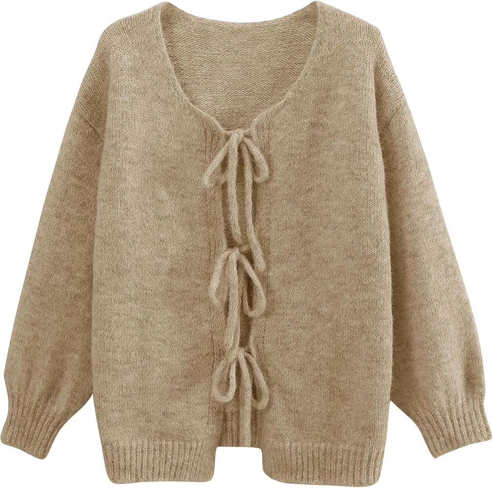 Lumister Cute Oversized Cardigan Sweaters for Women Y2K Long Sleeve V Neck Bow Tie Front Cadigan ... | Amazon (US)