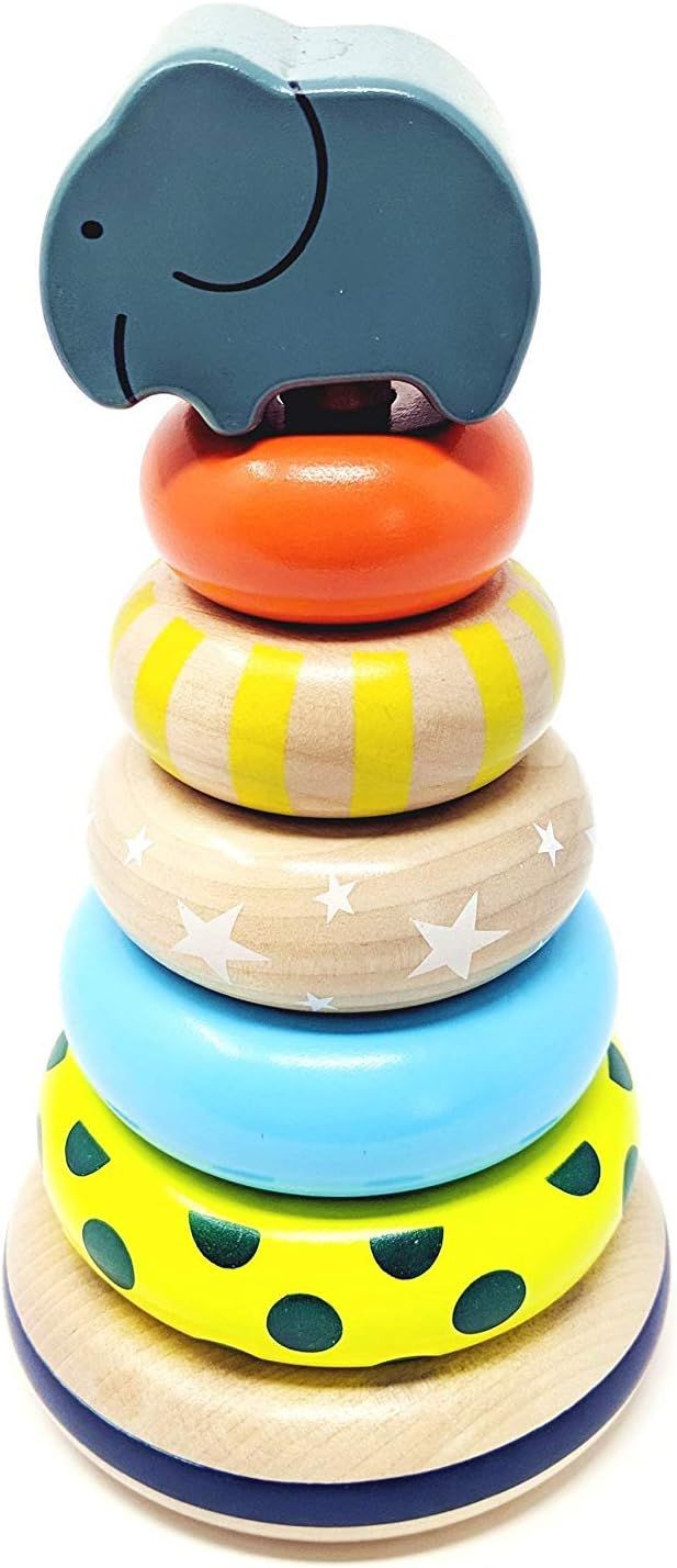 Orcamor Organic Wooden Stacking Rings Toy with Elephant Topper - Montessori Wooden Rainbow Stacki... | Amazon (US)