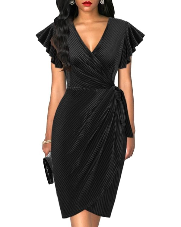oten Womens Deep V Neck Ruffle Sleeve Velvet Sheath Cocktail Party Wedding Club Faux Wrap Dresses | Amazon (US)