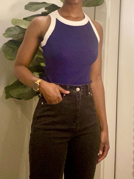 The navy/black combo is classic. Easy outfit for my Saturday errands. 

Ribbed tank, casual outfit, black jeans, madewell jeans, tall girl jeans, long length jeans, contrast trim tank, contrast trim

#LTKstyletip #LTKworkwear #LTKSeasonal