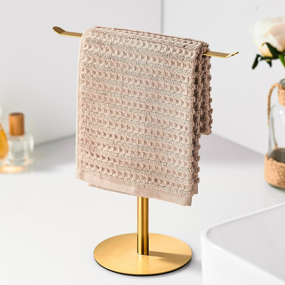 Gold Hand Towel Holder Stand – Countertop T-Shaped Stainless Steel Towel Rack with Non-Slip Bas... | Amazon (US)
