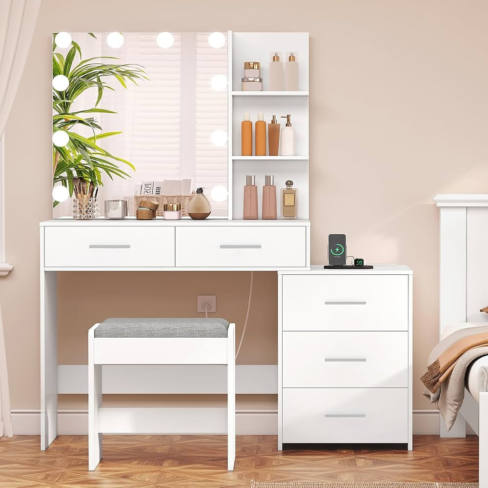 usikey Large Vanity Desk with Mirror & 10 LED Lights, Makeup Vanity Dressing Table with Power Str... | Amazon (US)
