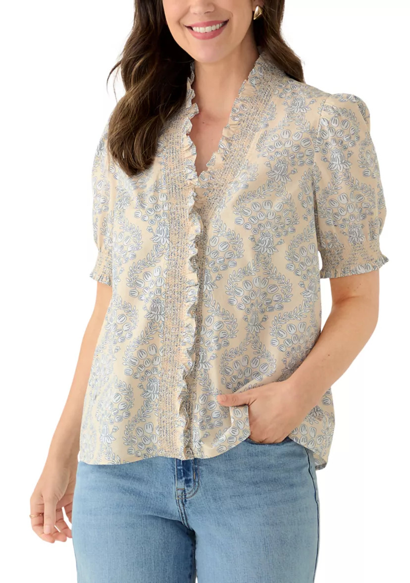 Women's Short Sleeve Smocked Ruffle Neck Top | Belk