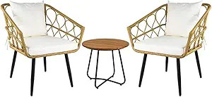 Amazon Basics Outdoor All-Weather Woven Faux Rattan Chair Set with Cushions and Side Table, Tan -... | Amazon (US)