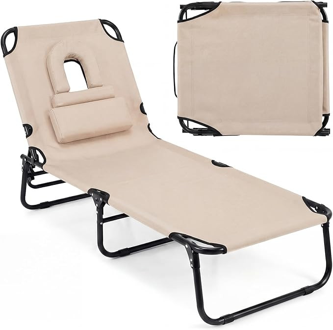 Tangkula Beach Lounge Chair, Folding Sunbathing Recliner with Face Hole, Face Down Tanning Chair ... | Amazon (US)