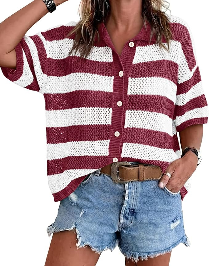 Cicy Bell Womens Summer Striped Crochet Cardigan Sweater Half Sleeve Button up Tops Loose Fit Cov... | Amazon (US)