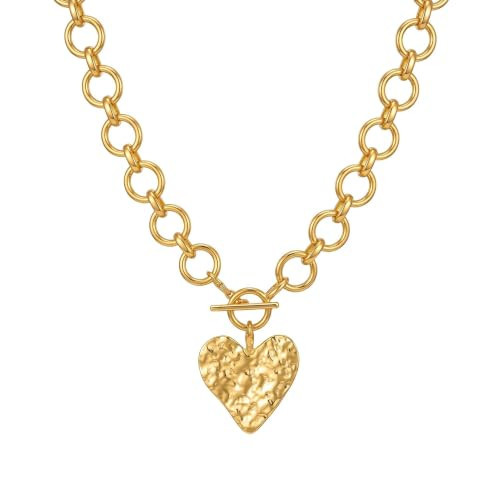 Gold Chunky Heart Necklace for Women, Non Tarnish Statement Jewelry | Amazon (US)