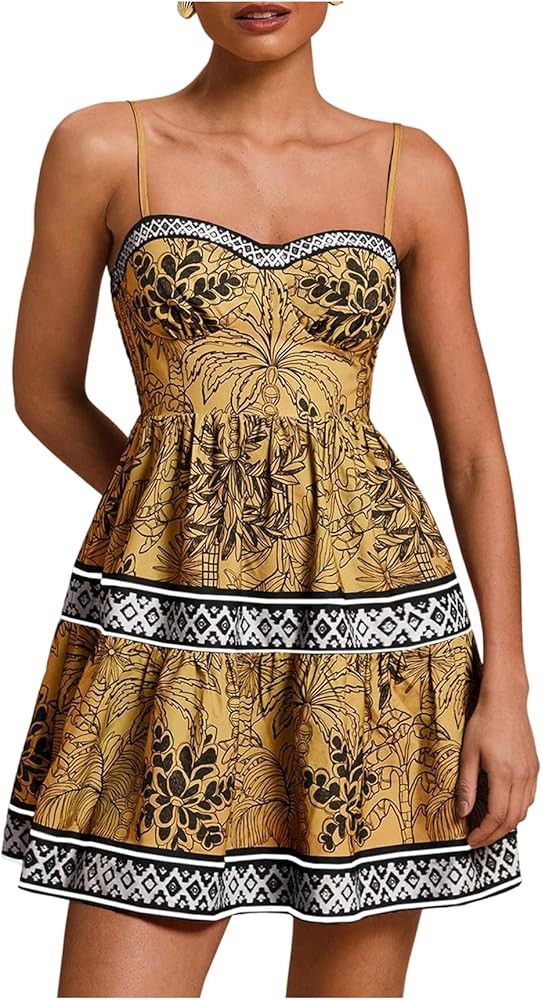 MakeMeChic Women's Boho Floral Cami Dress Smocked A Line Vacation Mini Dresses Sundress | Amazon (US)