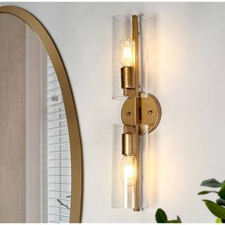 Mid-Century Cylinder Bathroom Vanity Light 2-Light Transitional Brass Gold Tube Wall Light with S... | The Home Depot