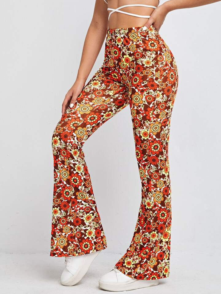 SHEIN EZwear Allover Floral Print Flare Leg Pants | SHEIN