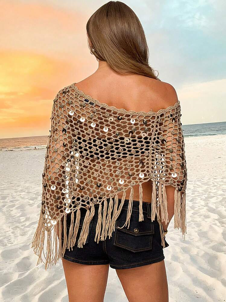 Women's Knit Sequin Fringe Hem Cover Up, Boho Crochet Cover Up For Pool Party, Beach, Music Festival, Spring/Summer Vacation | SHEIN