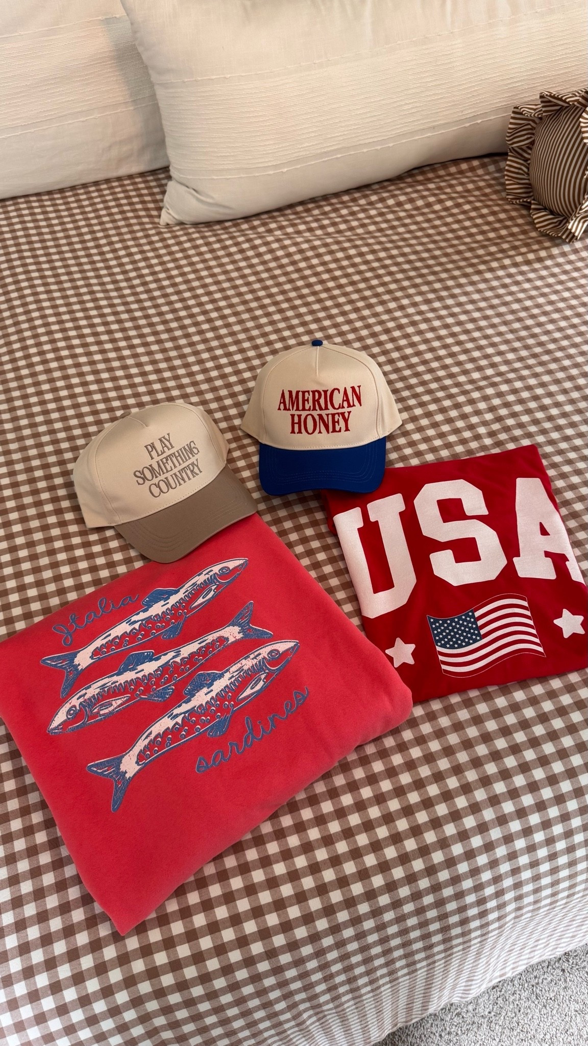 Which @pinklily piece is your fav?? Comment below 🧢, 🇺🇸, 🤠, or 🐟!!

#LTKSeasonal #LTKU #LTKootd