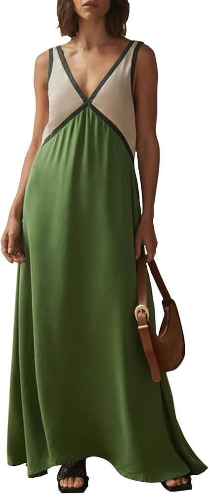 Womens Summer Color Block Satin Dress Loose V Neck Contrast Patchwork Flowy Beach Vacation Long T... | Amazon (US)